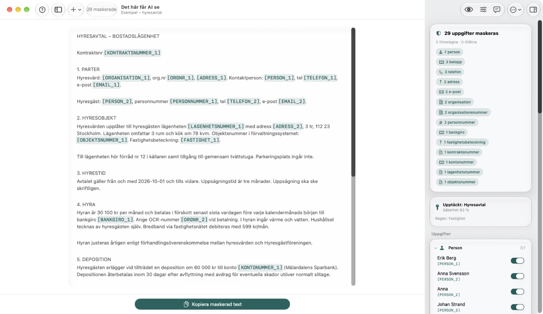 SendMasked på Mac: ett hyresavtal där namn, adresser och nummer har ersatts med platshållare